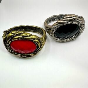 Set of 2 Hinged Faceted Bangle Bracelets Red Black Costume Jewelry Heavy